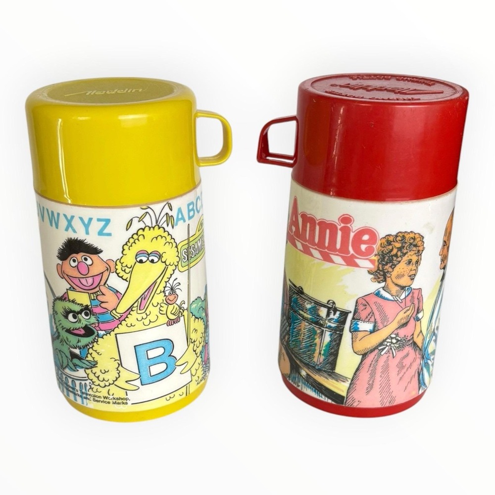 Vintage 1981 Annie 1983 Sesame Street Aladdin Thermos Set Pair w/ Cups & Lids